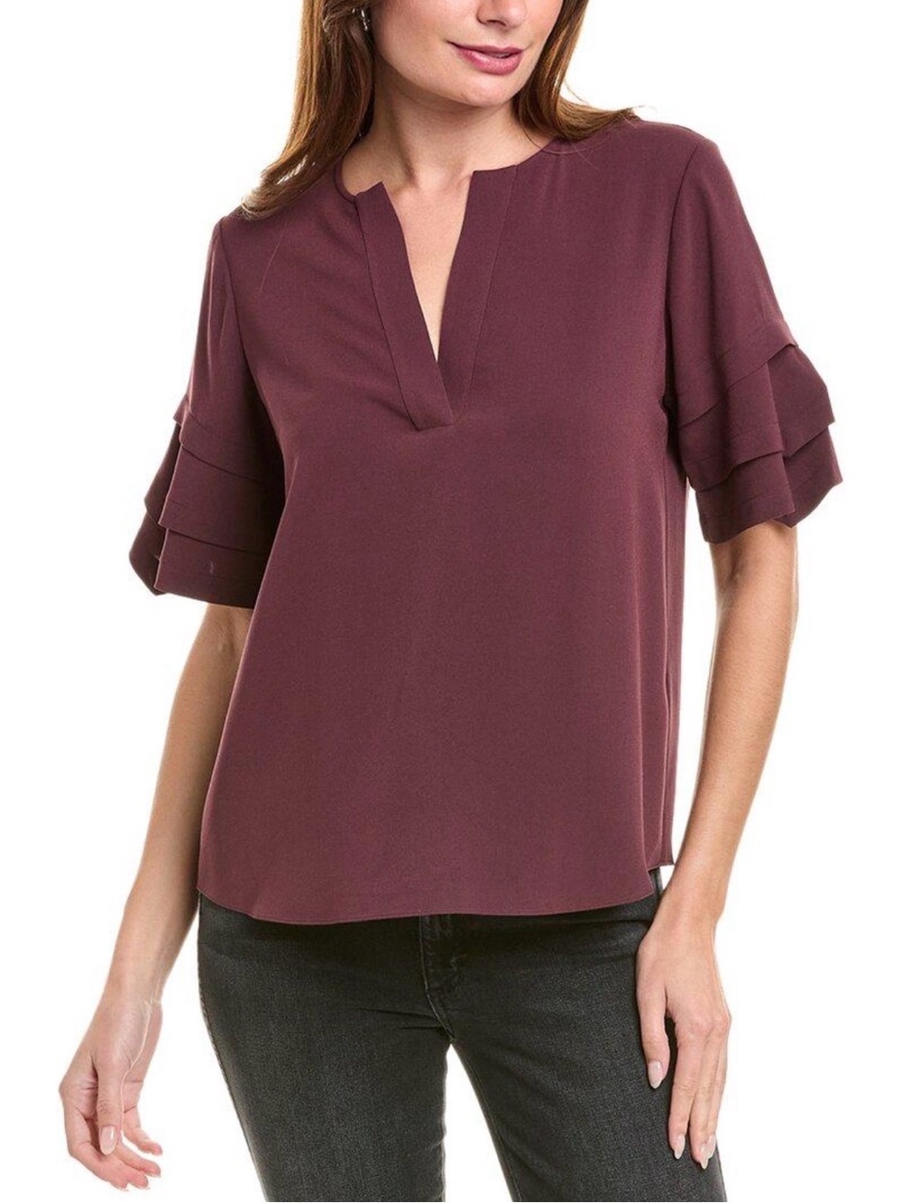 Frame Women's Tiered-Sleeve Notch Neck Top - Burgundy Size S